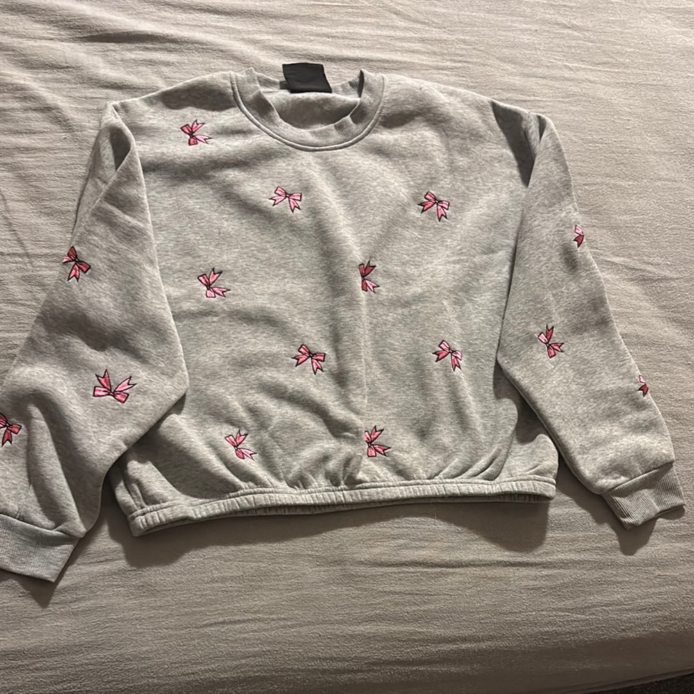 Gray Sweater with Pink Embroidery